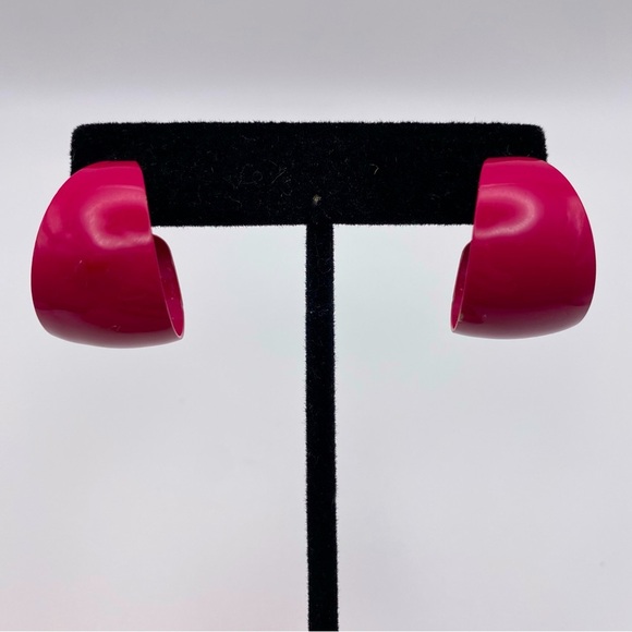 Vintage 1980s Pink Enamel Metal Hoop Post Earrings - Picture 1 of 8